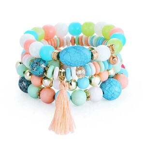 Multilayered Blue & Pink Bohemian beaded tassel Charm Bracelet